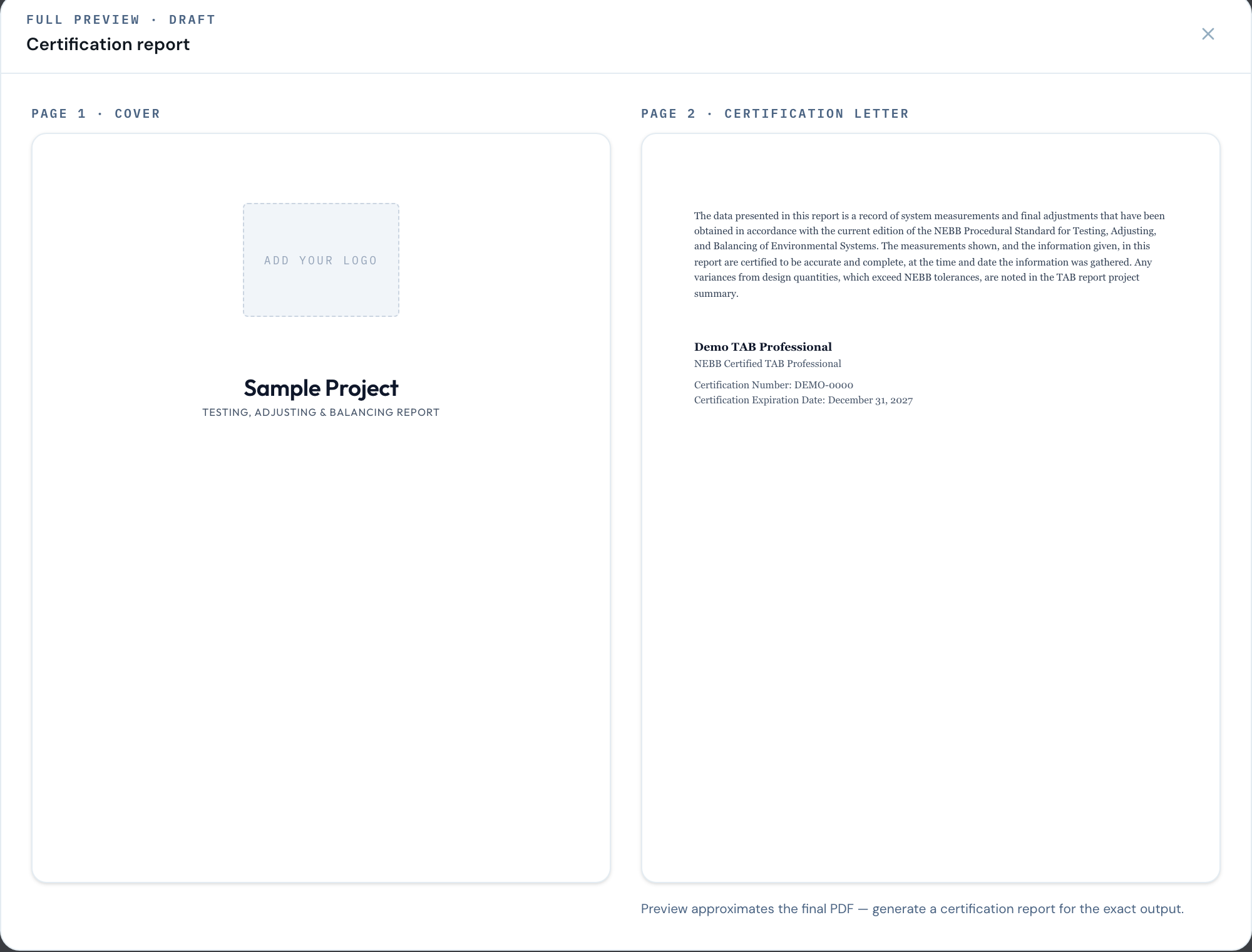 TabPro’s certification report preview — a cover page and NEBB certification letter generated on the firm’s own template