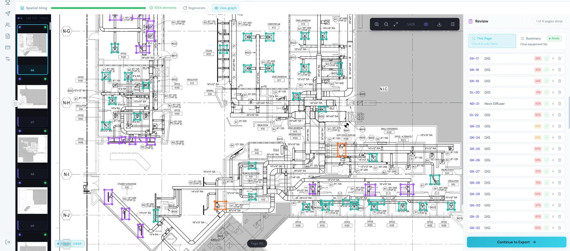 TabPro reading a dense mechanical floor plan — 1,034 elements detected and boxed, with every count itemized in a side panel showing its ID, type, and confidence score