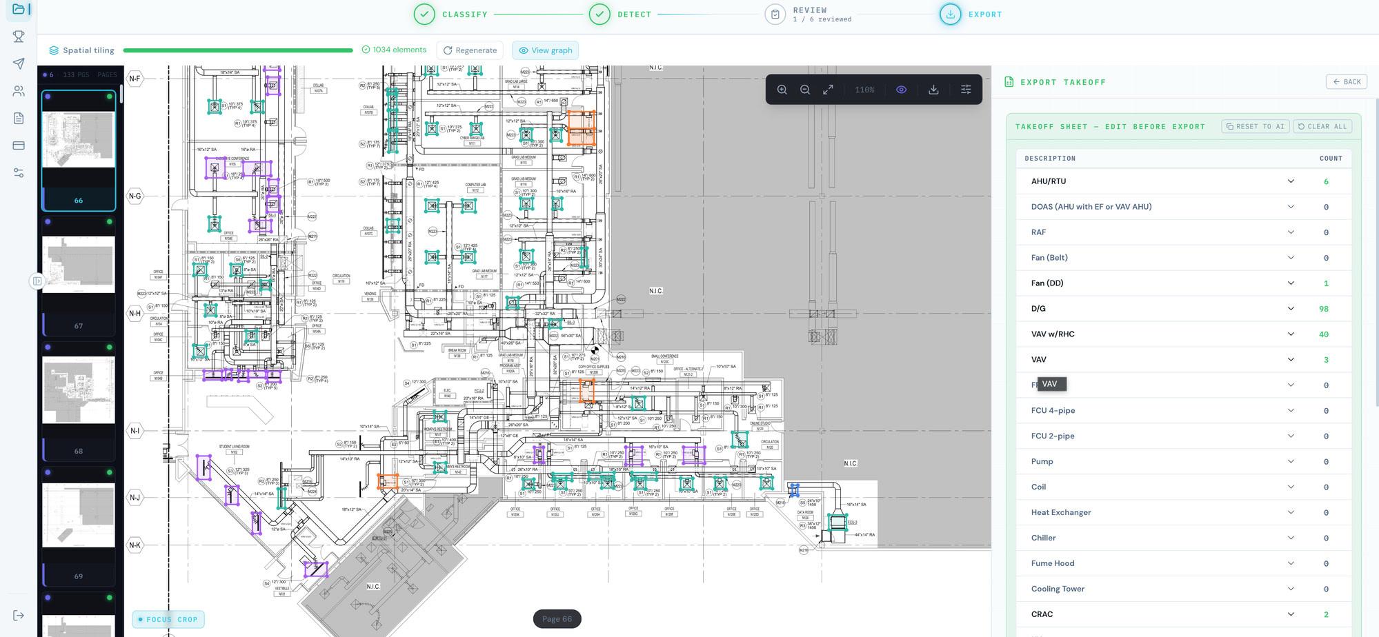 TabPro’s export step — the reviewed floor plan beside a takeoff sheet itemized by equipment type with editable counts, ready to export to Excel