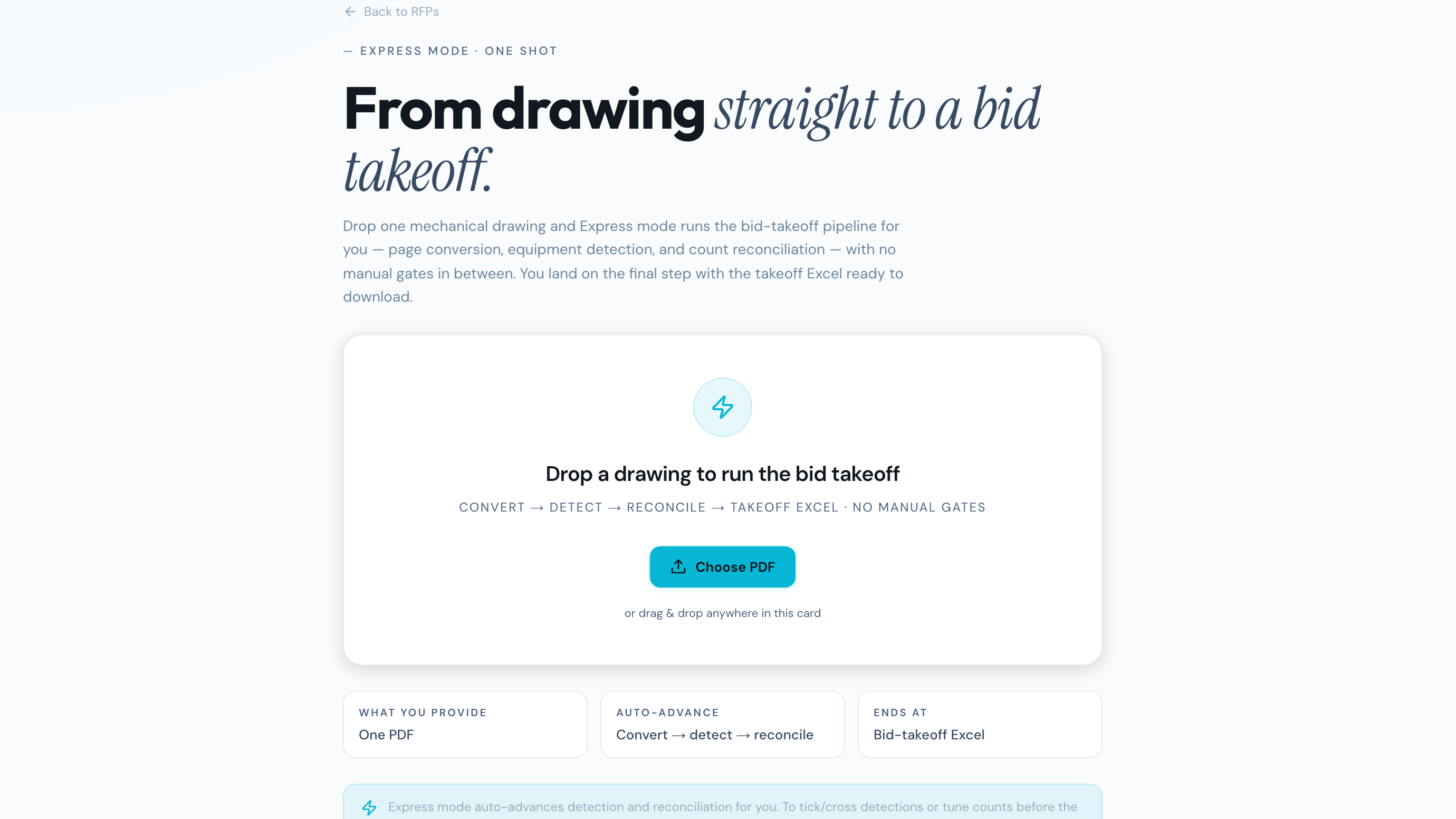 TabPro Express mode — drop one mechanical drawing and the agents run the full bid-takeoff pipeline (convert, detect, reconcile) to a downloadable Excel takeoff