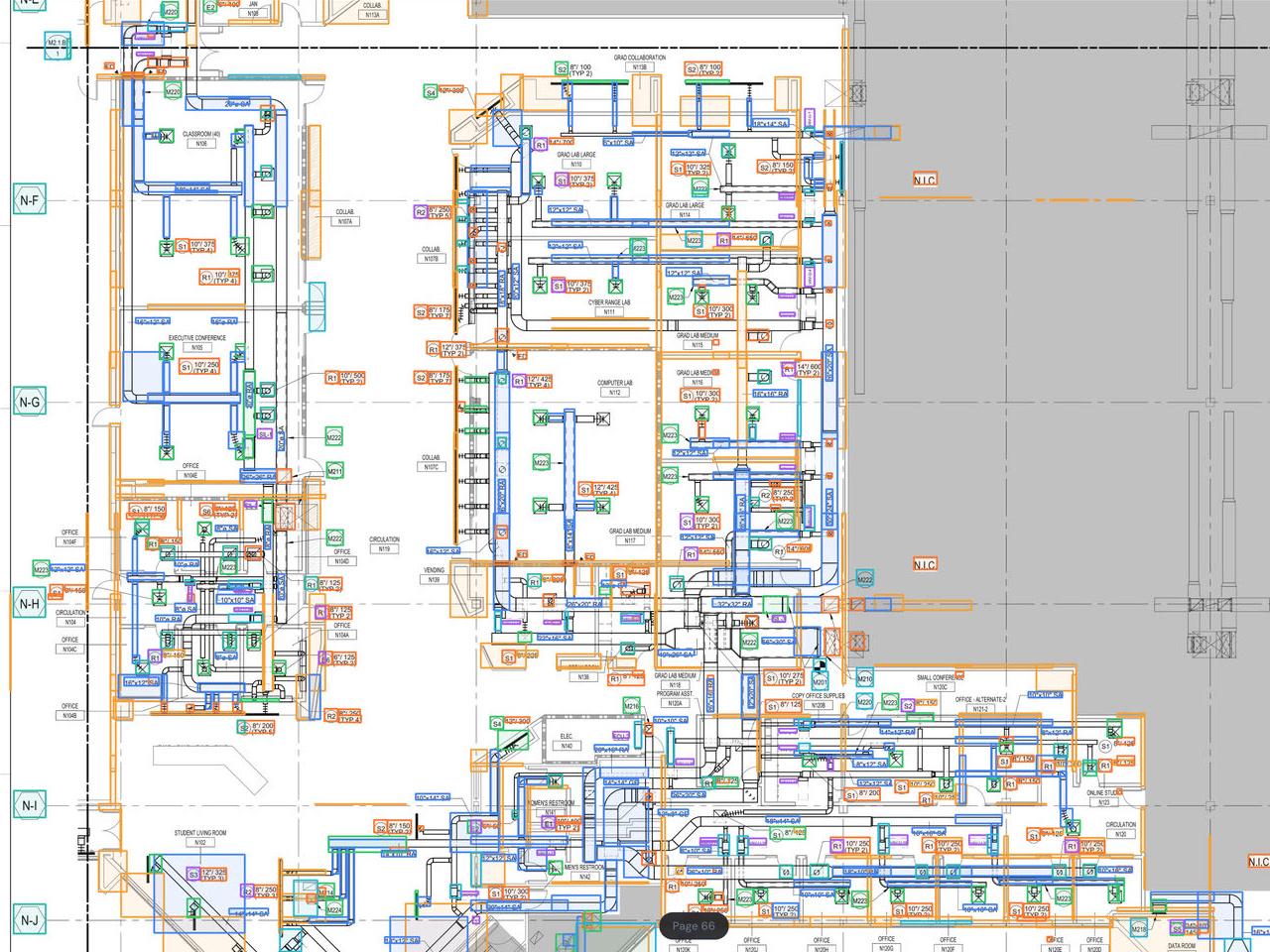 Close crop of TabPro's tiling graph — a mechanical floor plan with every duct, diffuser, and damper detected and color-coded by type