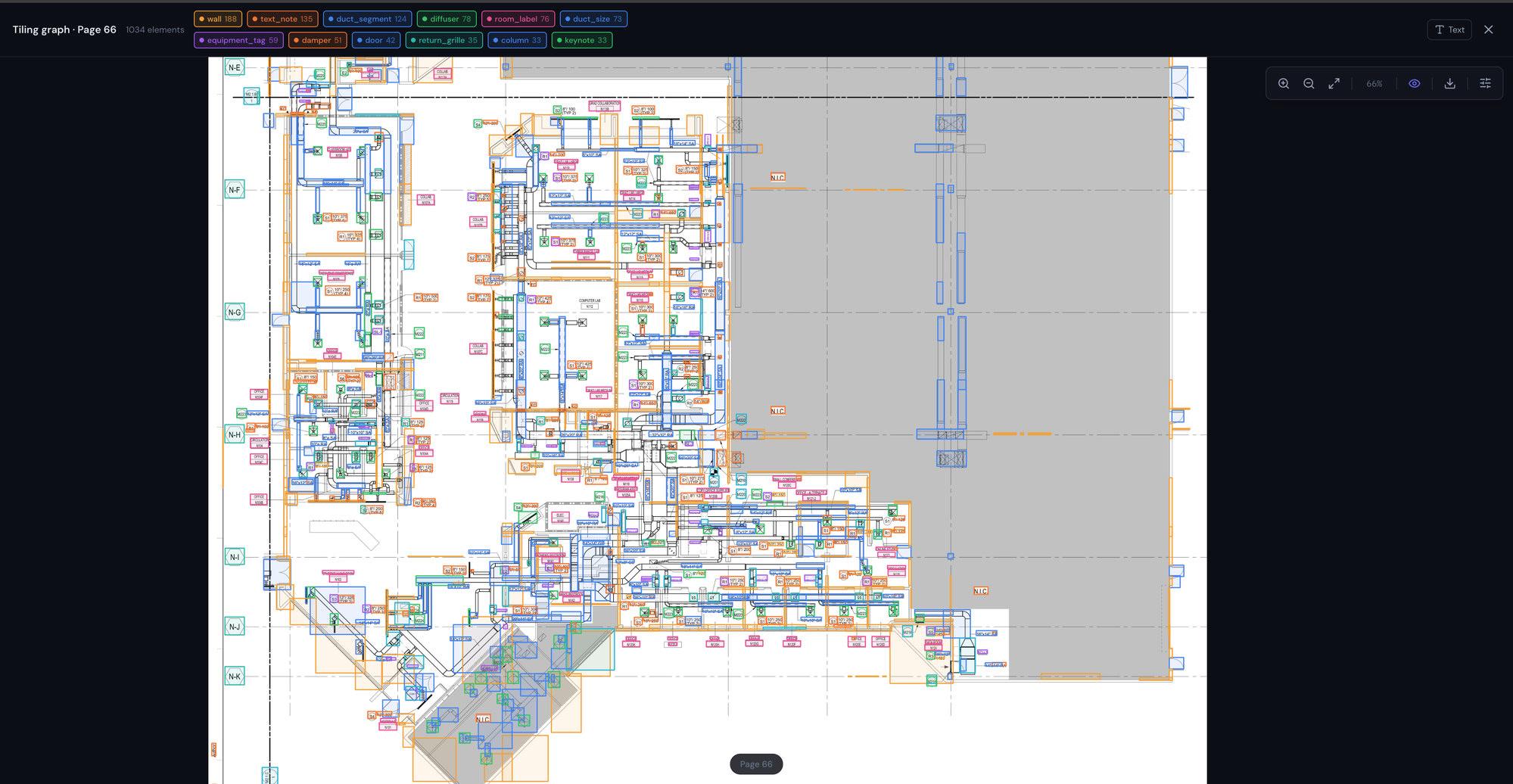 TabPro's tiling graph of a mechanical floor plan — every element detected and color-coded, with the layer chips and element count in the dark toolbar