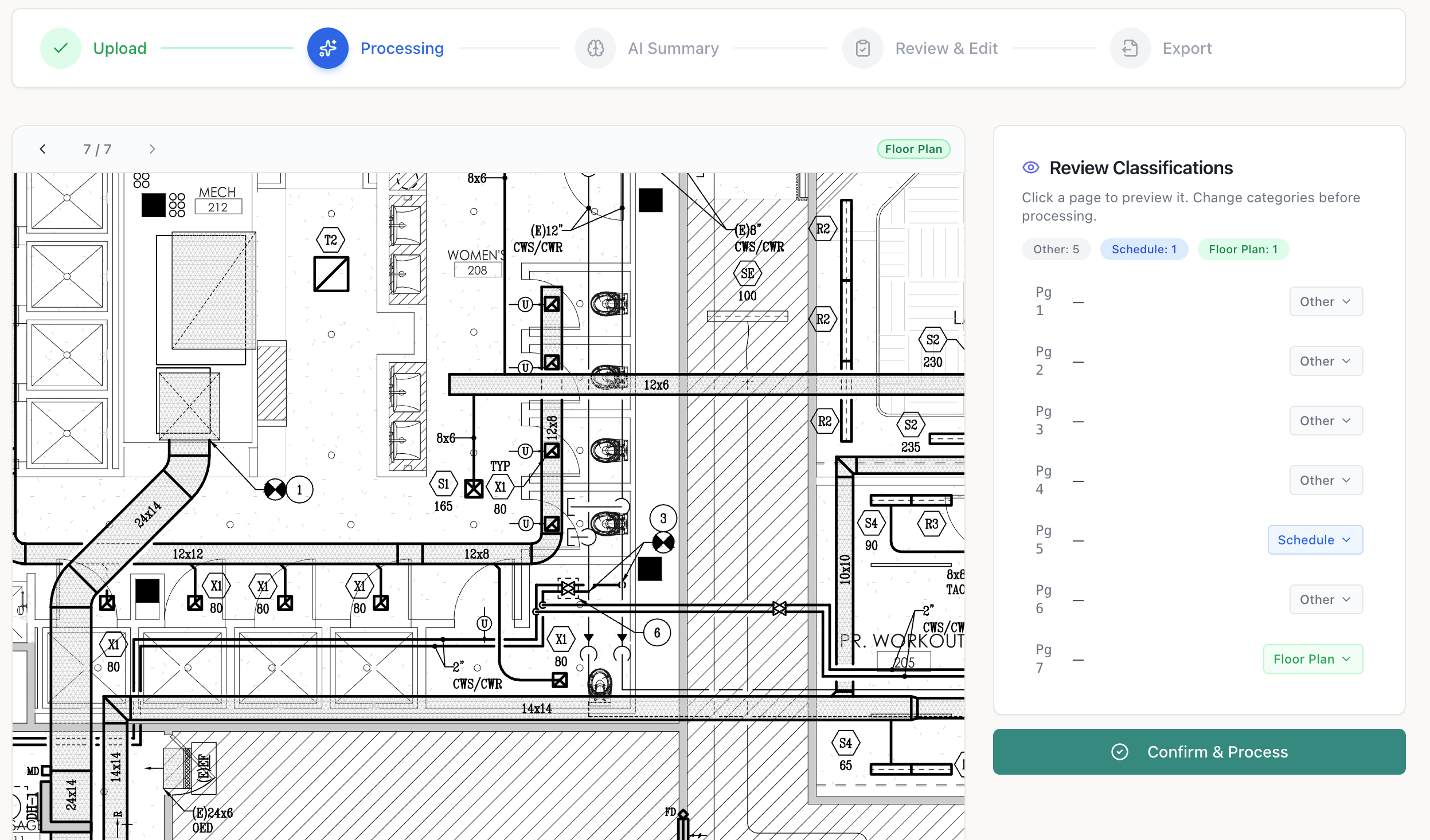 Page classification step sorting floor plans from schedules and legends