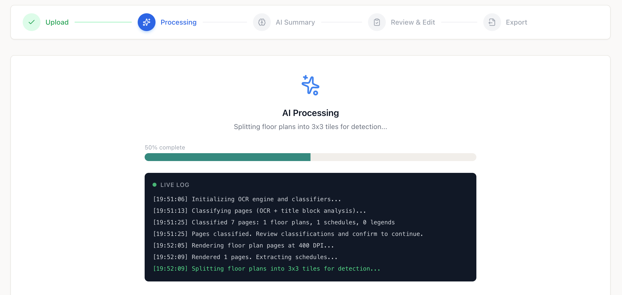 TabPro AI processing screen showing live pipeline progress and log output during AI processing.