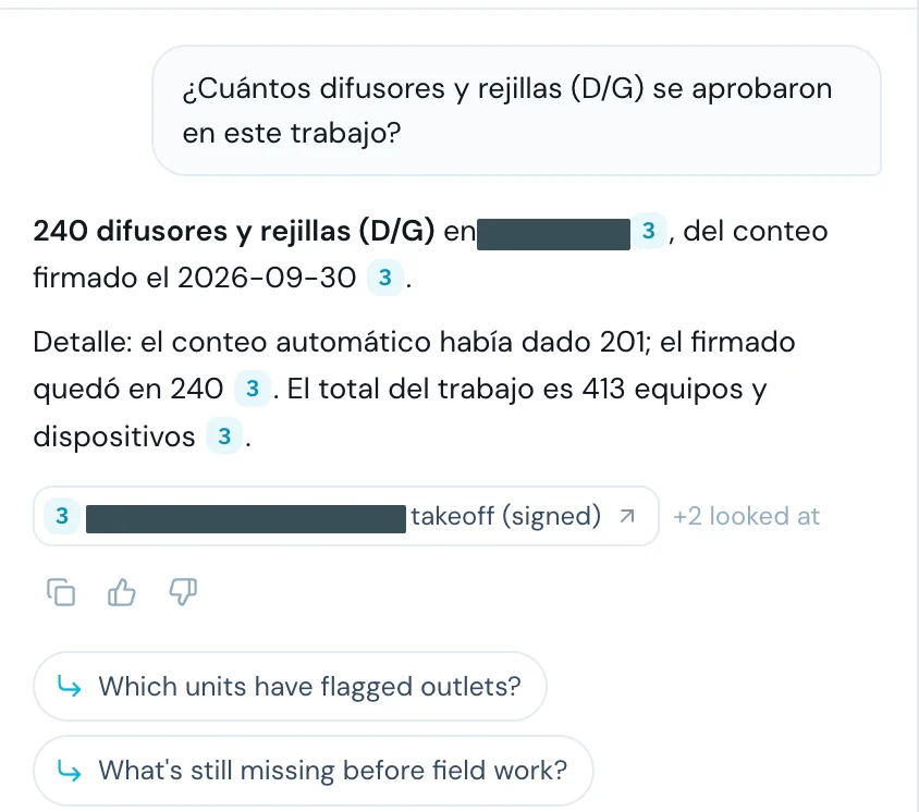 Capture: asked in Spanish how many diffusers and grilles were approved, Clara answers in Spanish: 240 from the signed count, the automatic count 201, the job total 413, citing the takeoff.