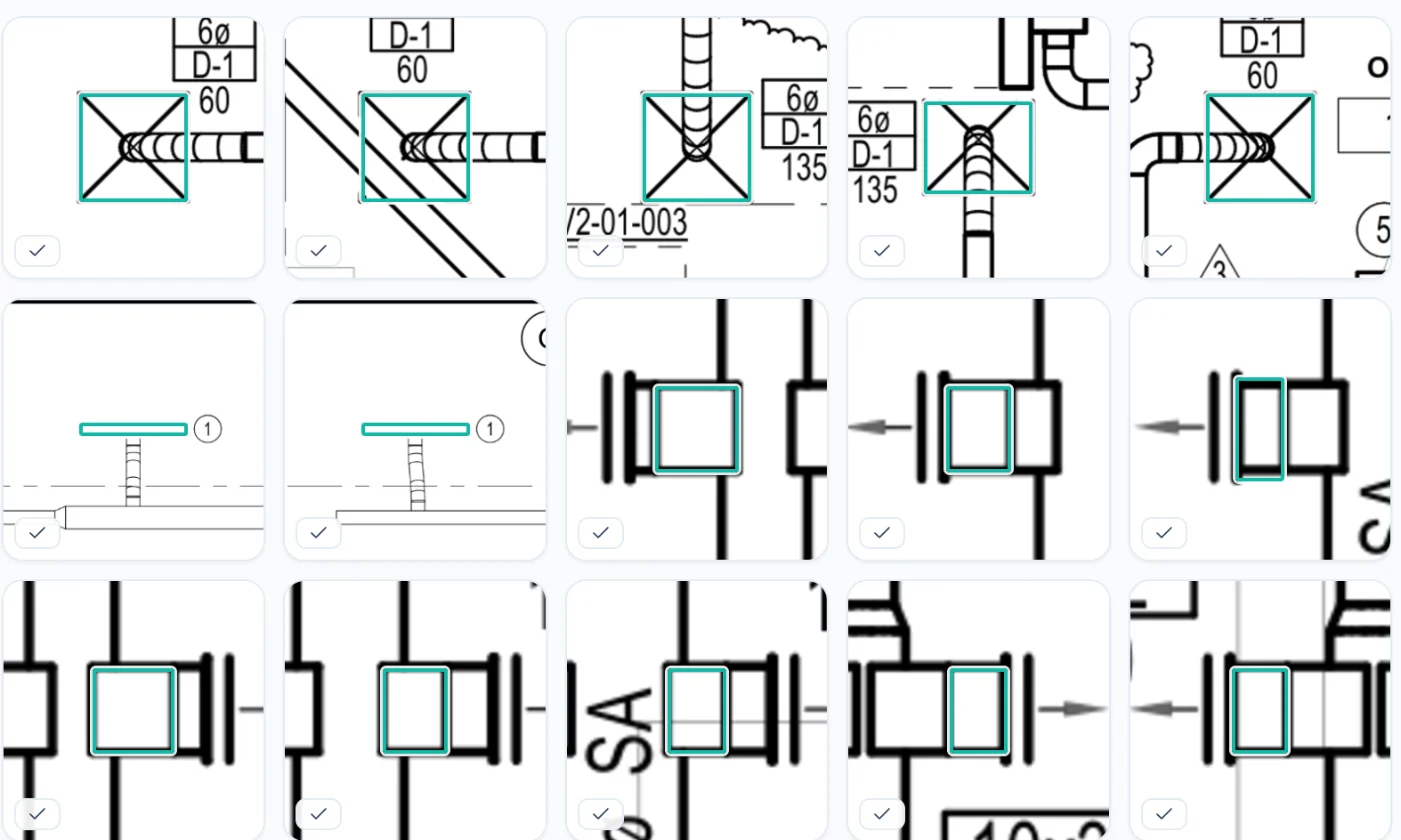 Capture: close-ups of each counted device, cut from the drawing, each with a check box for the estimator.