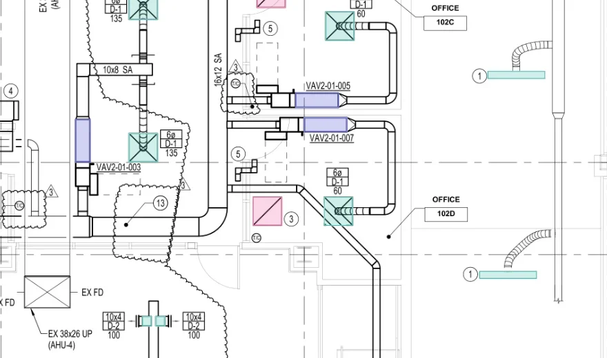 Capture: part of a mechanical floor plan in TabPro's takeoff review with TabPro's boxes on: diffusers and grilles in teal, VAV boxes in violet, one left out of pricing in pink, each where it sits on the sheet.