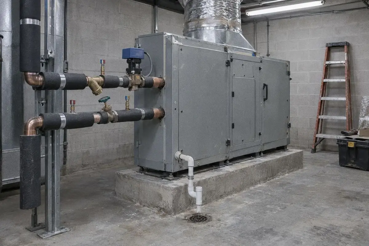 A mechanical room, an air handling unit on its pad with its coil piping, a strainer and a control valve.