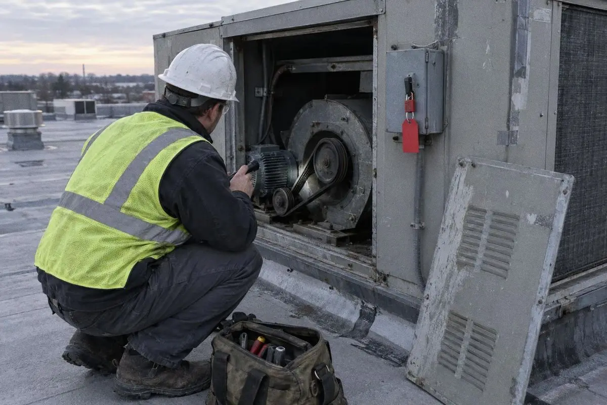 A technician in a hi-vis vest, hard hat and safety glasses crouched at an open rooftop unit, the disconnect locked and tagged.