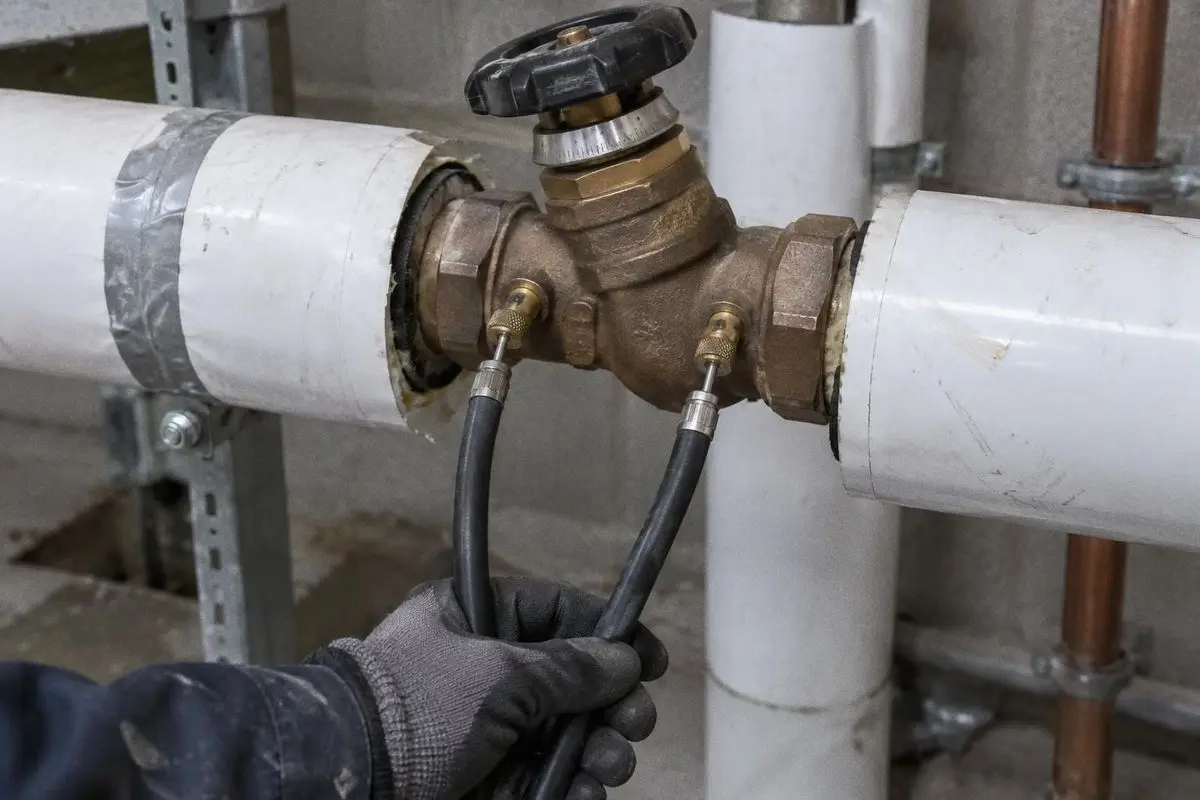 Two test hoses with needle probes in both pressure ports of a balancing valve on an insulated hot-water pipe.